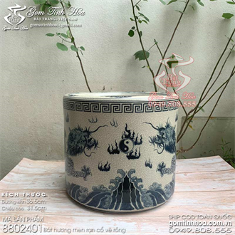 Bát hương men rạn cổ 35cm lưỡng long chầu nguyệt