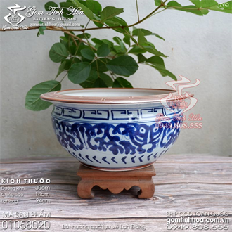 Bát hương quả lựu 30cm men lam cổ vẽ Lan Đằng