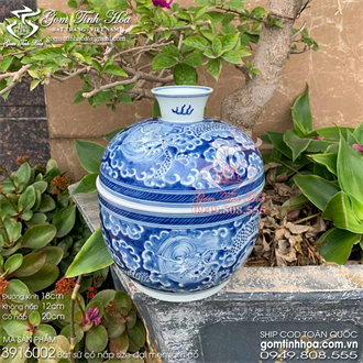 Bát sứ có nắp size đại 18cm men lam cổ vẽ rồng ẩn Đồ Nội Phủ phục chế