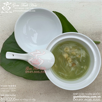 Thố sứ có nắp gốm sứ men trắng kèm thìa sứ