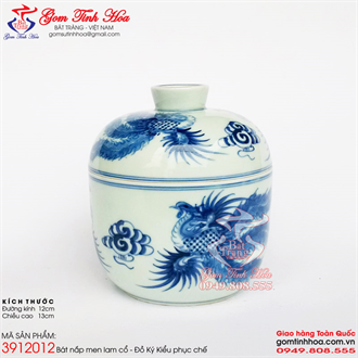 Thố tiềm canh thố sứ men lam vẽ chim phượng Đồ Nội Phủ phục chế