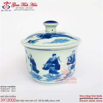 Thố tiềm canh gốm sứ men lam vẽ Bát Tiên