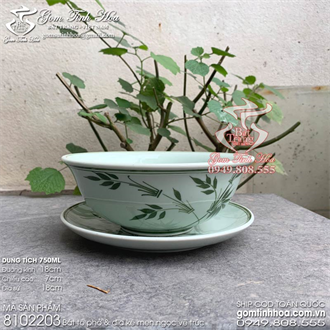 Bát tô bán bún miến phở 18cm và đĩa sứ 18cm men ngọc vẽ tre trúc