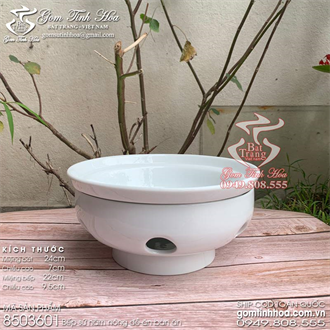 Bếp sứ đốt nến hâm nóng đồ ăn bàn ăn men trắng đường kính 24cm