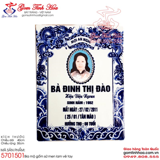 Bia mộ gốm sứ in ảnh hoa văn men lam 30x40cm