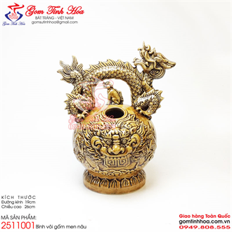 Bình vôi gốm sứ quai rồng gốm men nâu