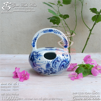 Bình vôi men lam cổ vẽ sơn thủy đồ ký kiểu phục chế