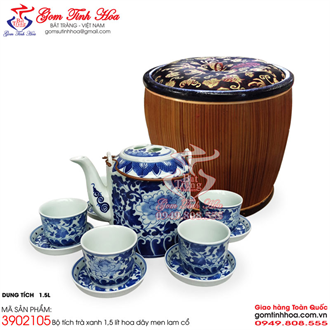 Bộ ấm tích ủ chè xanh 1,5 lít hoa dây men lam cổ kèm giỏ ủ ấm Bát Tràng