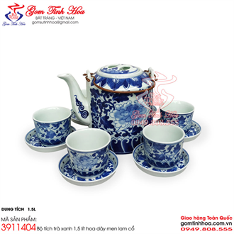 Bộ ấm tích trà xanh 1,5 lít hoa dây cổ men lam cổ