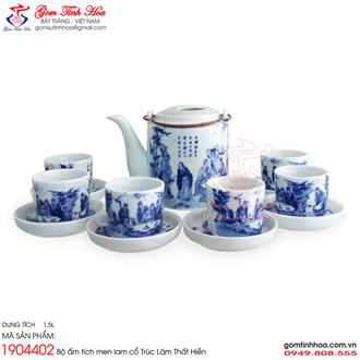 Bộ ấm tích 1,5 lít men lam cổ Trúc Lâm Thất Hiền