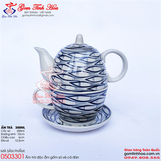 Bộ ấm trà độc ẩm gốm sứ cao cấp vẽ cá đàn