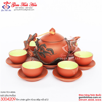 Bộ ấm trà tử sa gốm son đắp tùng