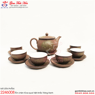 Bộ ấm trà tử quai Việt khắc trăng xanh