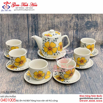 Bộ ấm trà Bát Tràng dáng quả dưa vẽ hoa mai vàng