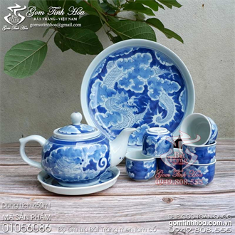 Bộ ấm trà quai C khay liền men lam cổ vẽ Long ẩn