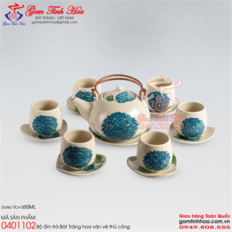 Bộ ấm trà Tống quai đồng vẽ hoa cẩm tú cầu