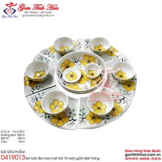 Bộ bát đĩa hoa mặt trời gốm sứ Bát Tràng vẽ hoa mai vàng