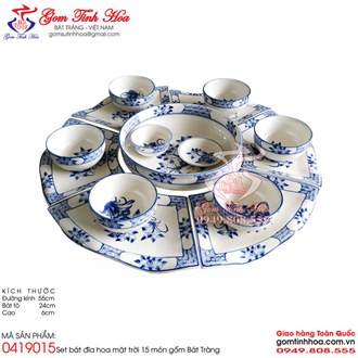 Bộ bát đĩa hoa mặt trời gốm sứ Bát Tràng vẽ hoa chanh cổ