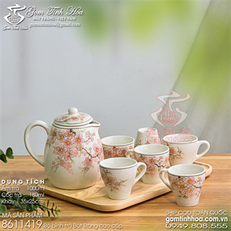Bộ bình trà Bát Tràng 1 lít vẽ hoa đào