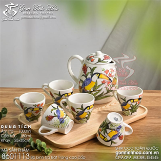 Bộ bình trà Bát Tràng 1 lít vẽ chim vẹt