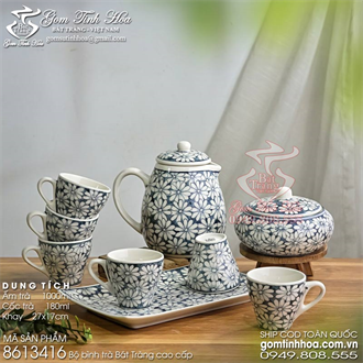 Bộ bình trà Bát Tràng 1 lít vẽ hoa cúc chàm