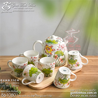 Bộ bình trà Bát Tràng cao cấp 1200ml vẽ hoa sen