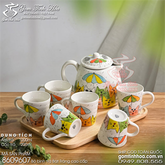 Bộ bình trà Bát Tràng cao cấp 1200ml vẽ mèo
