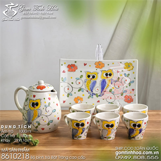 Bộ bình trà Bát Tràng 1 lít vẽ chim cú mèo