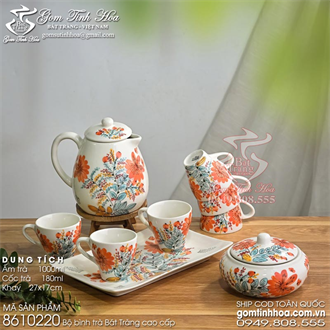 Bộ bình trà Bát Tràng 1 lít vẽ hoa bách hợp