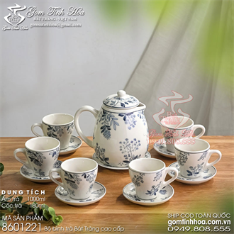Bộ bình trà Bát Tràng 1 lít vẽ hoa chàm