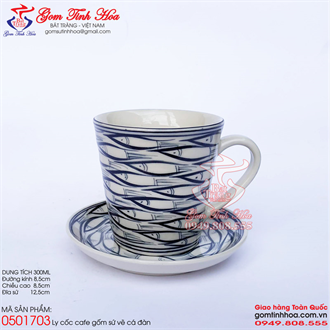 Bộ ly cốc cafe gốm sứ vẽ cá đàn