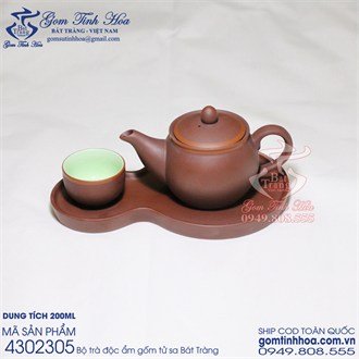 Bộ trà độc ẩm gốm tử sa Bát Tràng dáng Nhật mini chén lòng xanh