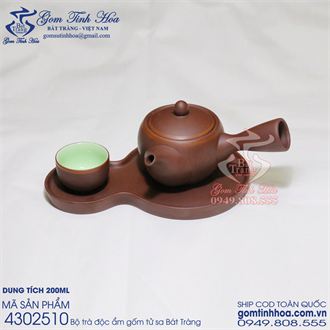 Bộ trà độc ẩm gốm tử sa Bát Tràng dáng quai chuôi chén lòng xanh