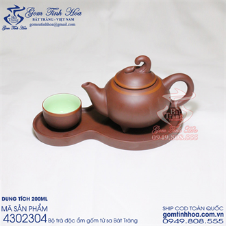 Bộ trà độc ẩm gốm tử sa Bát Tràng nắp bí ngô chén lòng xanh