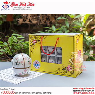 Chén bát ăn cơm gốm sứ Bát Tràng cao cấp men kem vẽ hoa đào