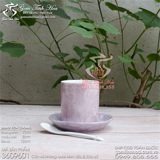 Ly cafe không quai men vân đá màu tím kèm đĩa sứ và thìa cafe