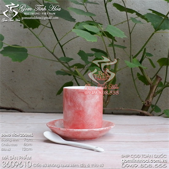 Cốc không quai men vân đá màu đỏ kèm đĩa sứ và thìa cafe