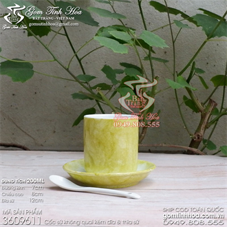 Cốc sứ Bát Tràng không quai men vân đá màu cốm kèm đĩa sứ và thìa cafe