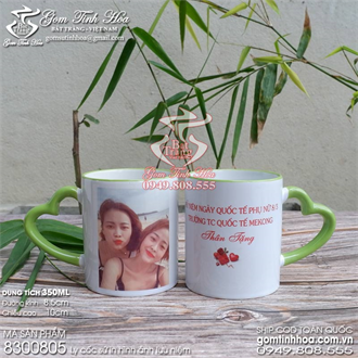 Ly cốc sứ in hình ảnh lưu niệm mẫu cốc quai tim xanh