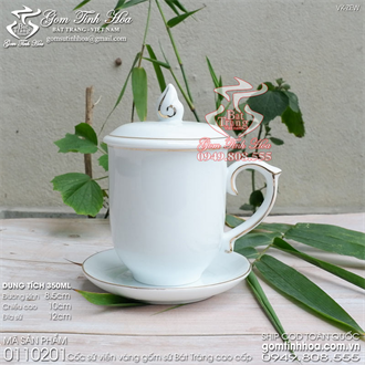Ly cốc mẫu đơn viền vàng 350ml kèm đĩa sứ