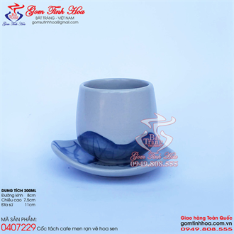 Cốc tách cafe gốm sứ men rạn vẽ hoa sen