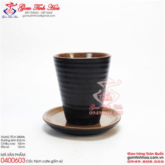 Cốc tách cà phê men đen lòng gốm dáng cốc vát không quai