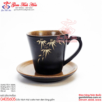 Cốc tách trà cafe men đen lòng gốm khắc tre trúc