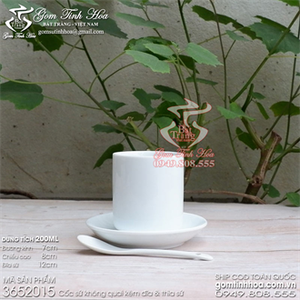 Cốc uống trà cốc uống cafe không quai men trắng kèm đĩa sứ và thìa cafe