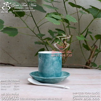 Cốc uống trà không quai men vân đá màu lục kèm đĩa sứ và thìa cafe
