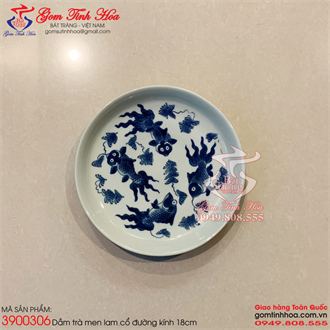 Dầm trà sứ Ngư Tảo hiệu đề Ngoạn Ngọc men lam cổ 18cm