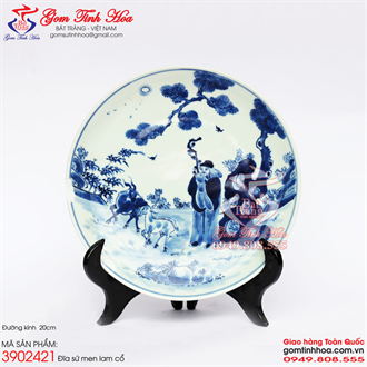 Đĩa men lam cổ Tô Vũ Chăn Dê 20cm