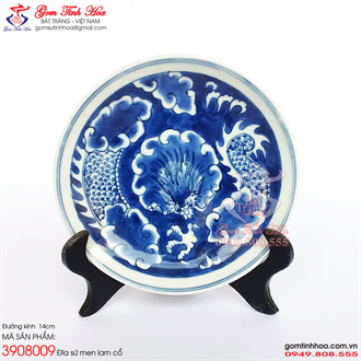 Đĩa men lam cổ 14cm vẽ rồng ổ