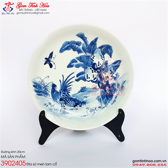 Đĩa sứ men lam cổ 20cm vẽ tích cổ Tiêu Kê