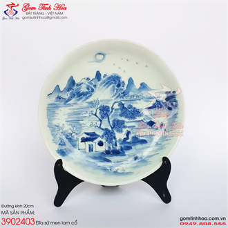 Đĩa men lam cổ đường kính 20cm vẽ sơn thủy